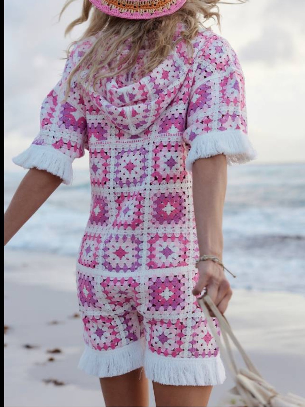 Onepiece Medium Large Pink and White Crochet Hooded One-Piece Romper Norway